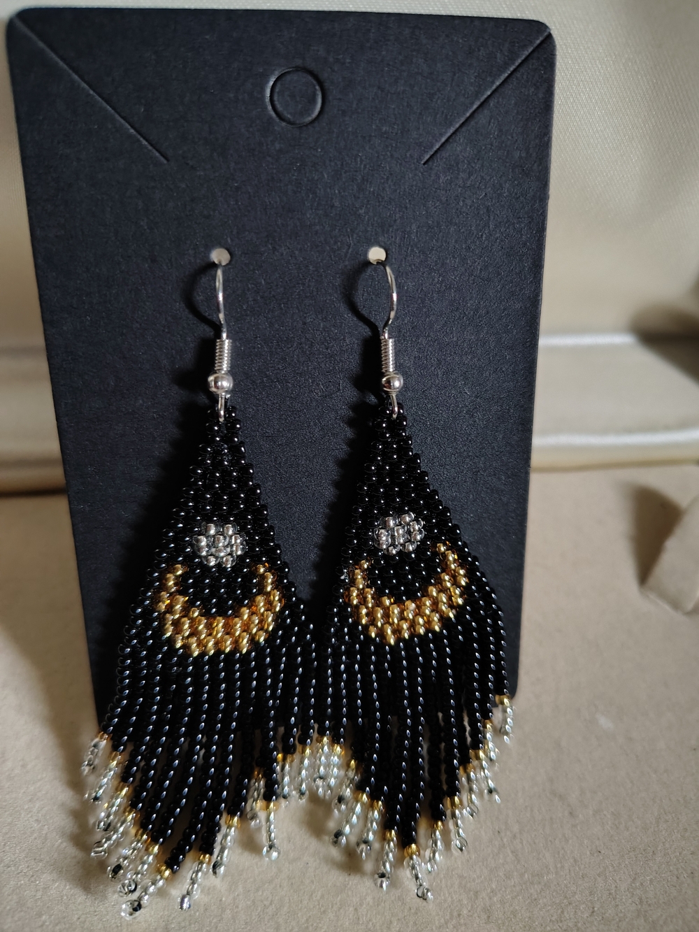 🌙 New Celestial Moon & Star Beaded Fringe Earrings - Handmade Black/Gold 🌙